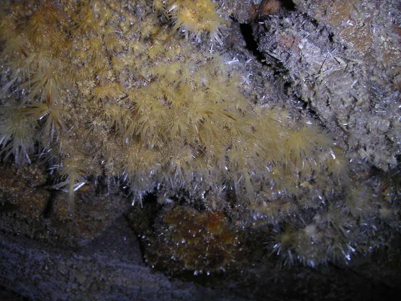 sc_middlecleughveincrystals1.jpg - In the entrance arching to the vein, there were large clusters of gypsum crystals growing with slight iron staining.