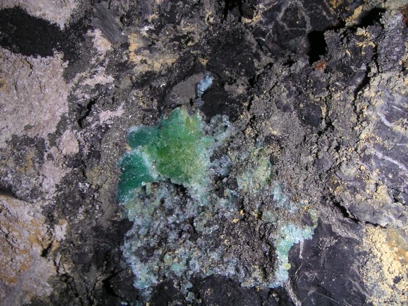 sc_middlecleughveingreencrystals.jpg - In the first fall, near the entrance to the vein, there was this green colouration of crystals in the roof. Only a small patch some 5cm across.