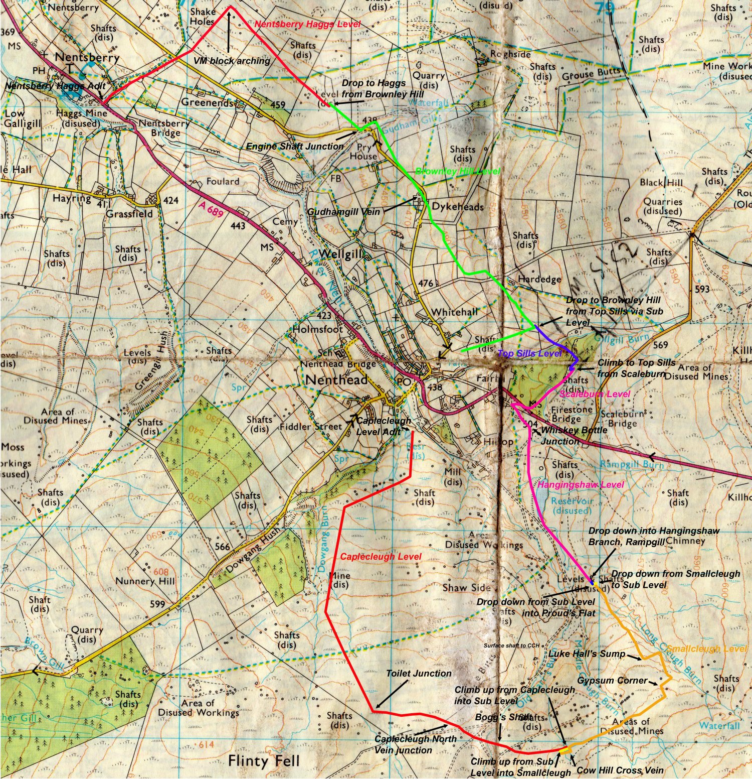 gnt_plan.jpg - Overlay of the route for the Greater Nenthead Traverse, some 9.25km including vertical climbs and abseils.